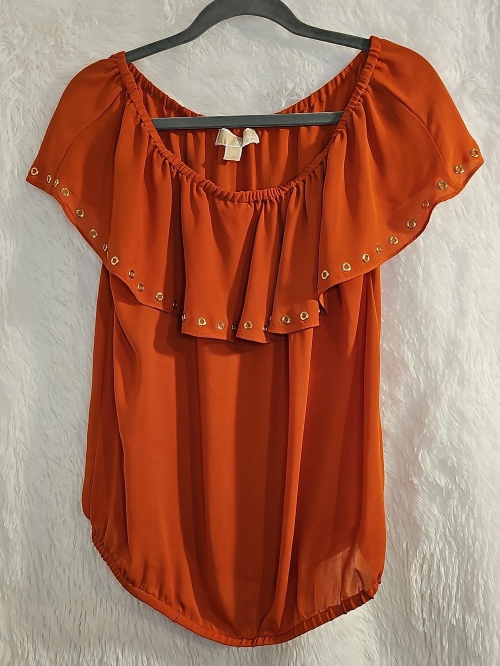 Michael Kors Rust Orange Off-Shoulder Ruffle Top with Gold Eyelets